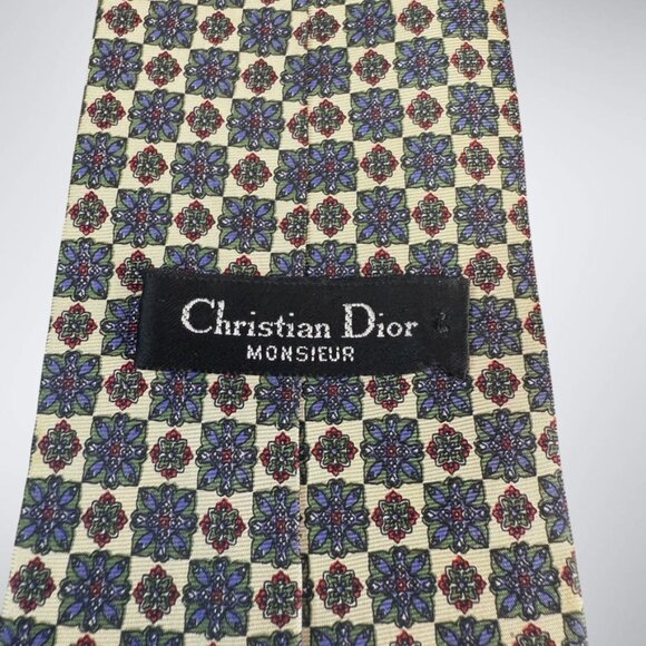 Christian Dior Silk Tie Floral Motifs‎ Men 3 2/3 Wide Yellow Business - Picture 4 of 6